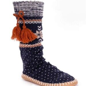 Muk Luks Luk Ees Slipper Socks Women's Fair Isle Sweater Navy Brown Cream size L